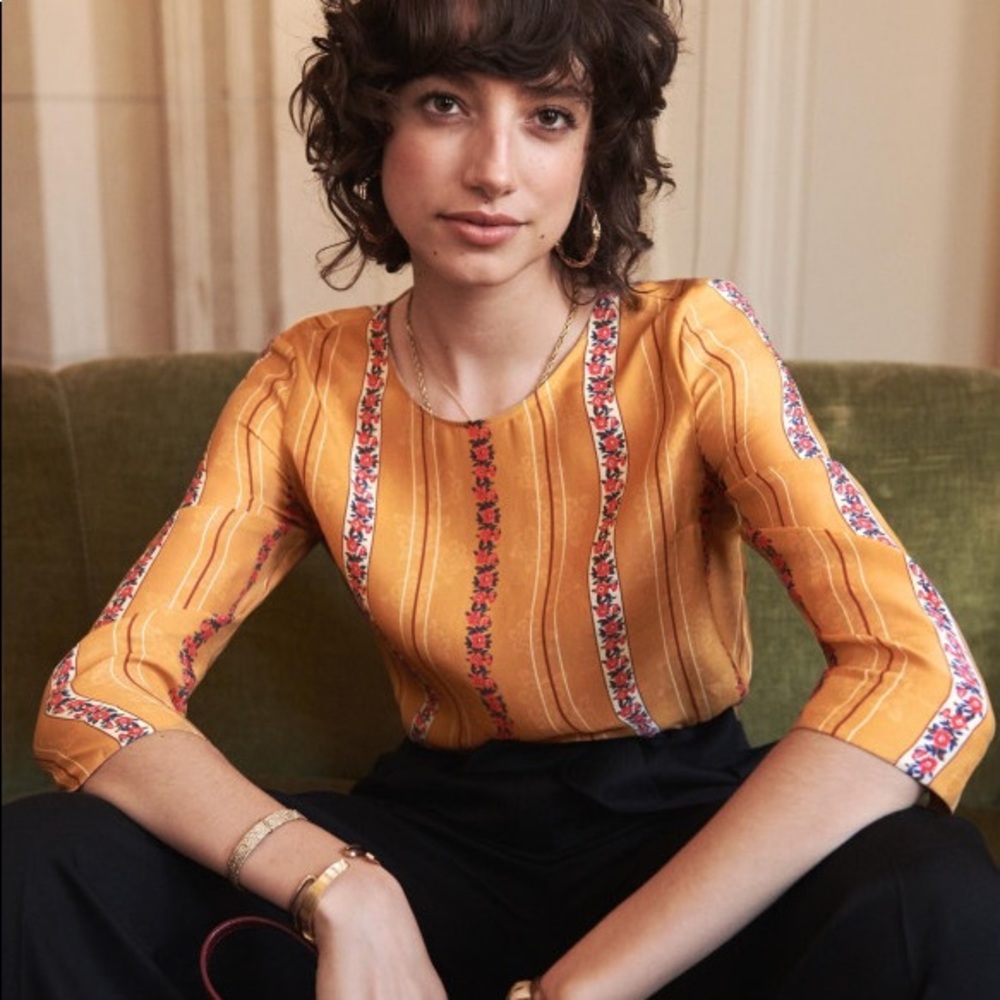 Sezane Warren Blouse Striped Honey Flowers Silk 44
